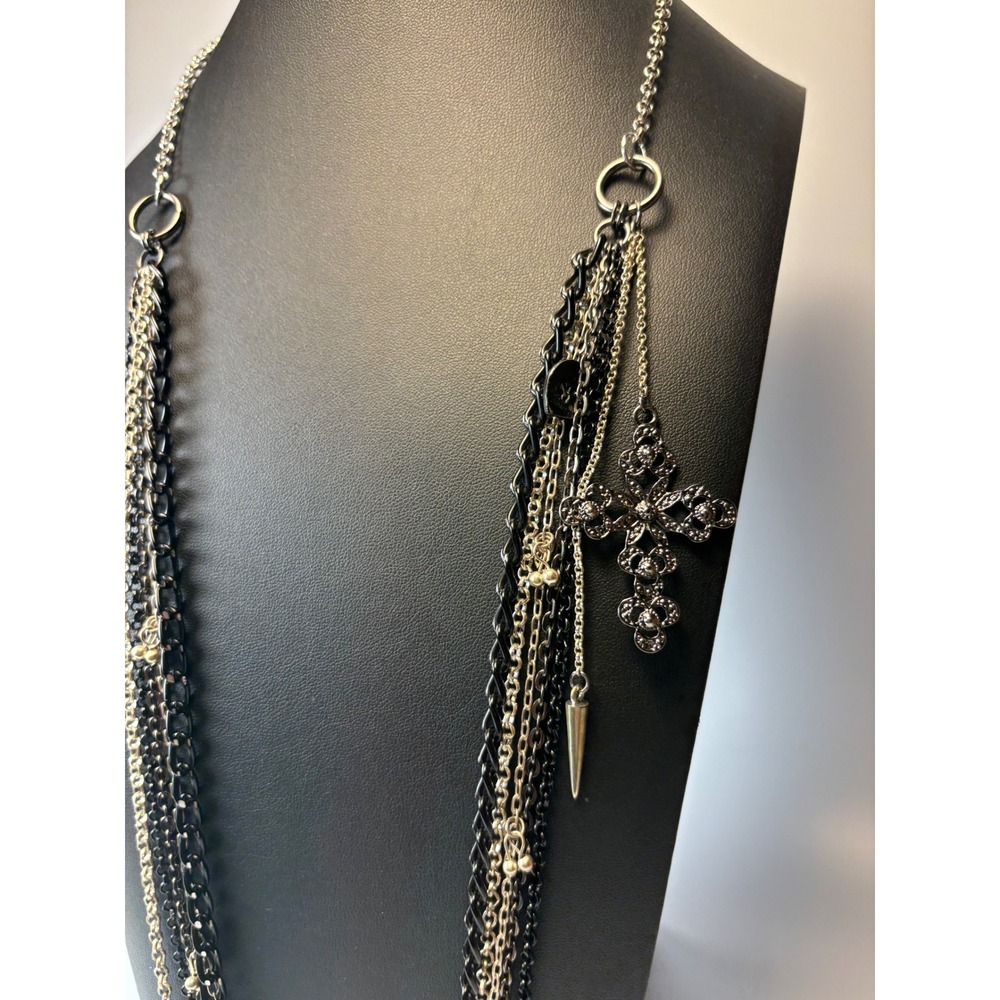 Multi Strand Cross Charm Necklace Black Silver Goth Whimsygoth Statement Layered